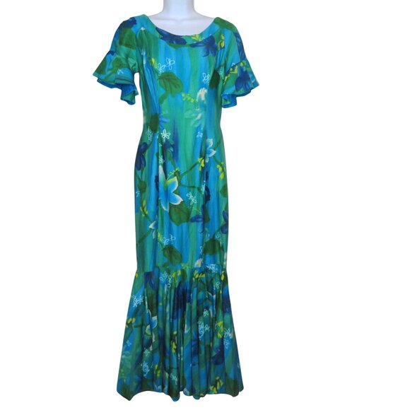 Vintage 70s Royal Hawaiian Blue Green Floral Maxi Mermaid Dress Ruffle Sleeves S - Picture 1 of 13